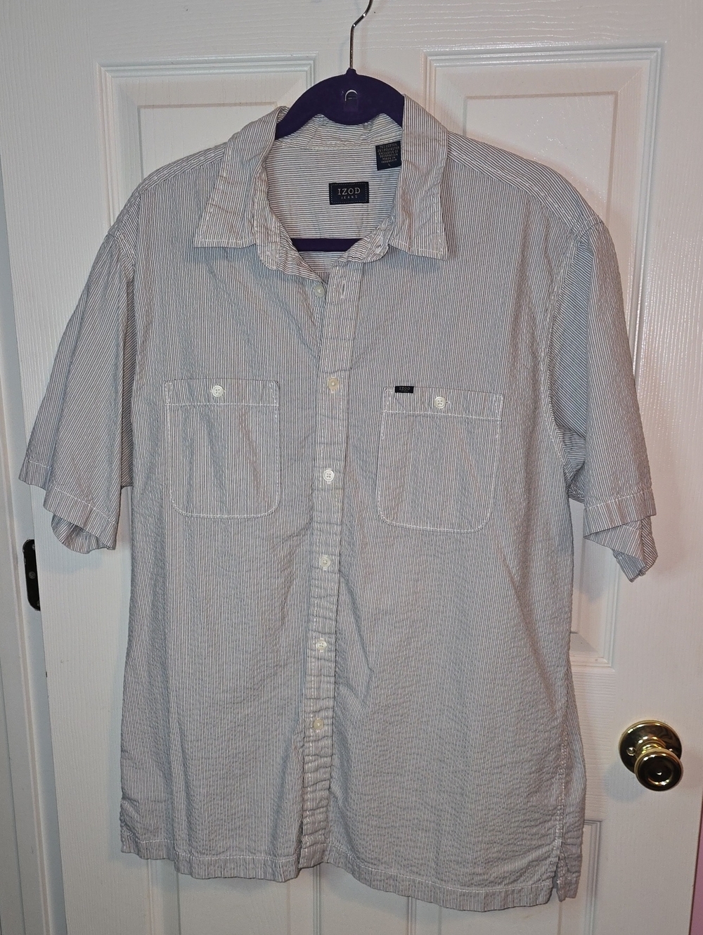 Izod Short-Sleeve Button-Down Shirt in Light Blue and White Pinstripe